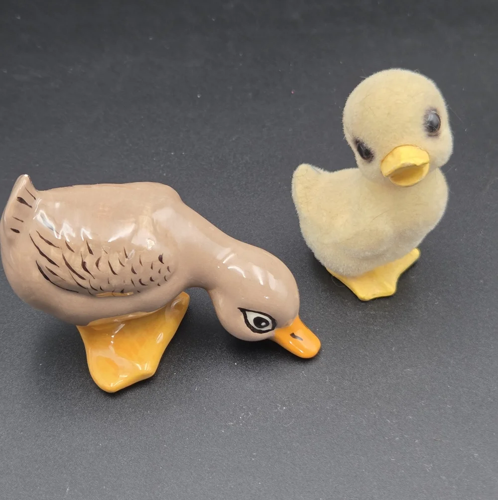 Vintage Inarco Flocked Duckling Figurine Japan & Ceramic Hand Painted Duck